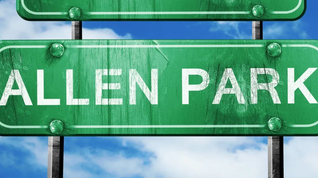 Allen Park vintage green road sign with blue sky background