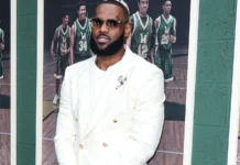 American professional basketball player LeBron James arrives at the Los Angeles Premiere Of Peacocks Shooting Stars