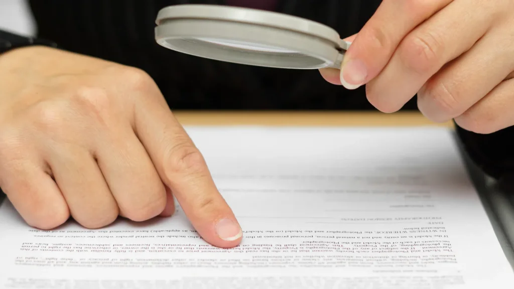 Businesswoman looking through a magnifying glass to contract