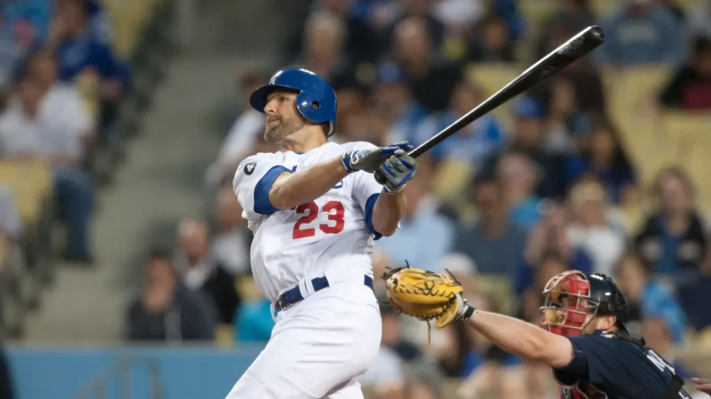 Casey Blake takes a swing during the game