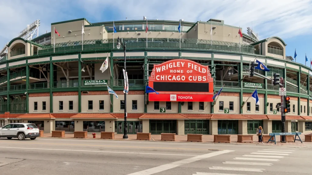 The exterior of Major League Baseballs' Chicago Cubs' Wrigley Field stadium in the Wrigleyville neighborhood of Chicago.