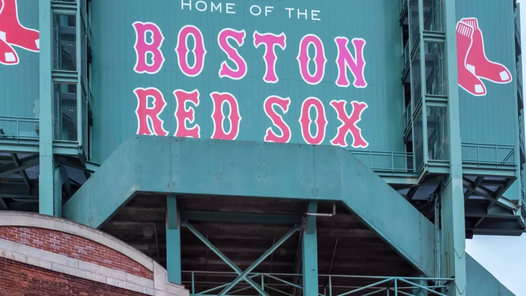 Deatil of the historic architecture of the Fenway Park Stadium in Boston, Massachusetts, USA, with Boston Red Sox written on it.