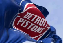 Jalen Duren’s injury status revealed by Pistons following loss to Lakers Detroit Pistons flag waving on a clear day.