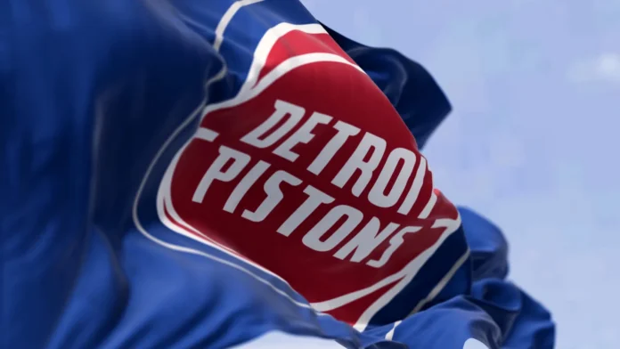 Detroit US Sept 10 2023 Detroit Pistons flag waving on a clear day American professional basketball team Central Division of the Eastern Conference Illustrative editorial 3d illustration render Detroit Pistons flag waving on a clear day.