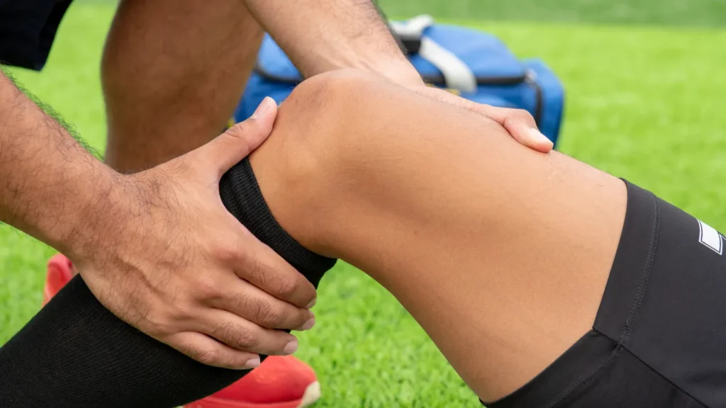 Footballer wearing a blue shirt black pants injured in the lawn during game.