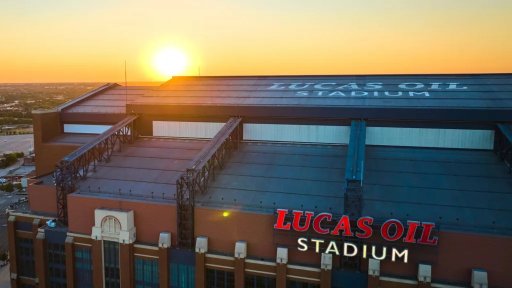 golden hour aerial view of lucas oil stadium indianapolis capturing