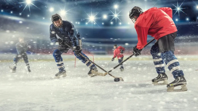 hockey match at rink mixed media hockey match at rink mixed media