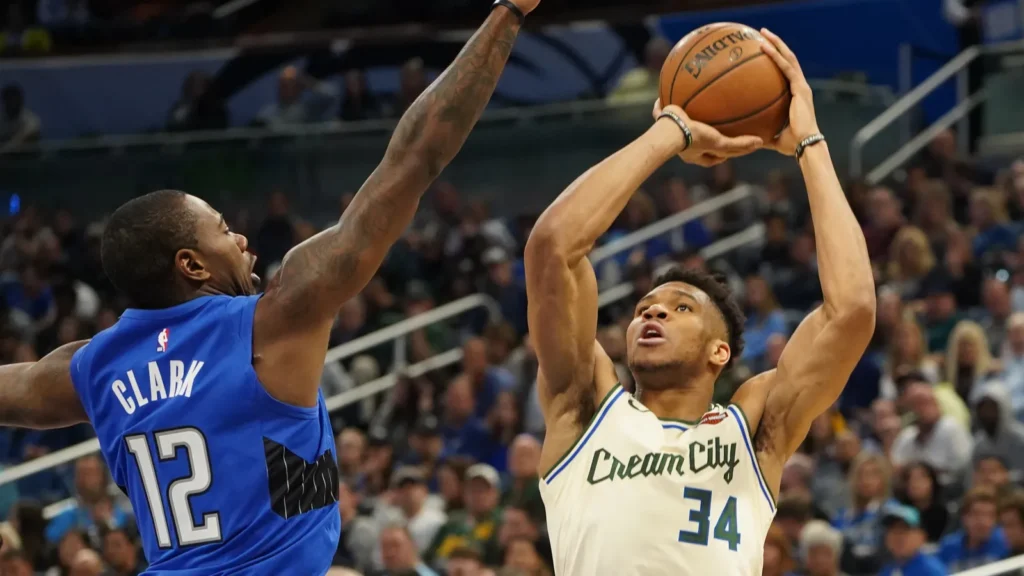 milwaukee bucks forward giannis antetokounmpo 34 makes a shot at