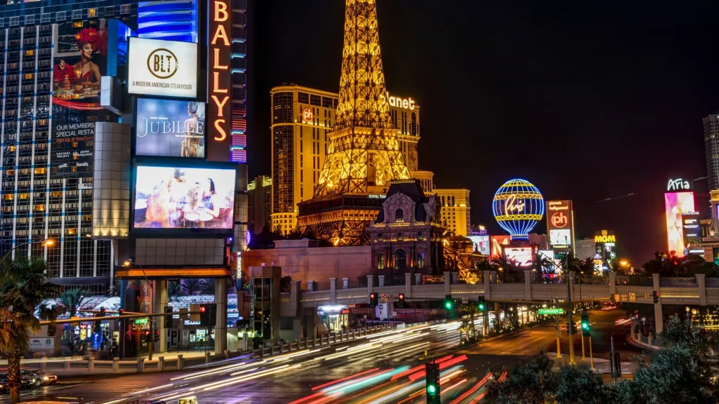 Night shot long Exposure Strip view with Eiffel Tower in Las Veg