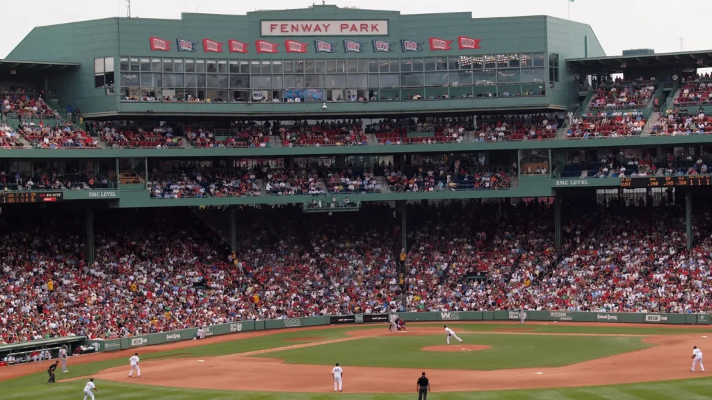 Baseball match being played at Fenway Park.