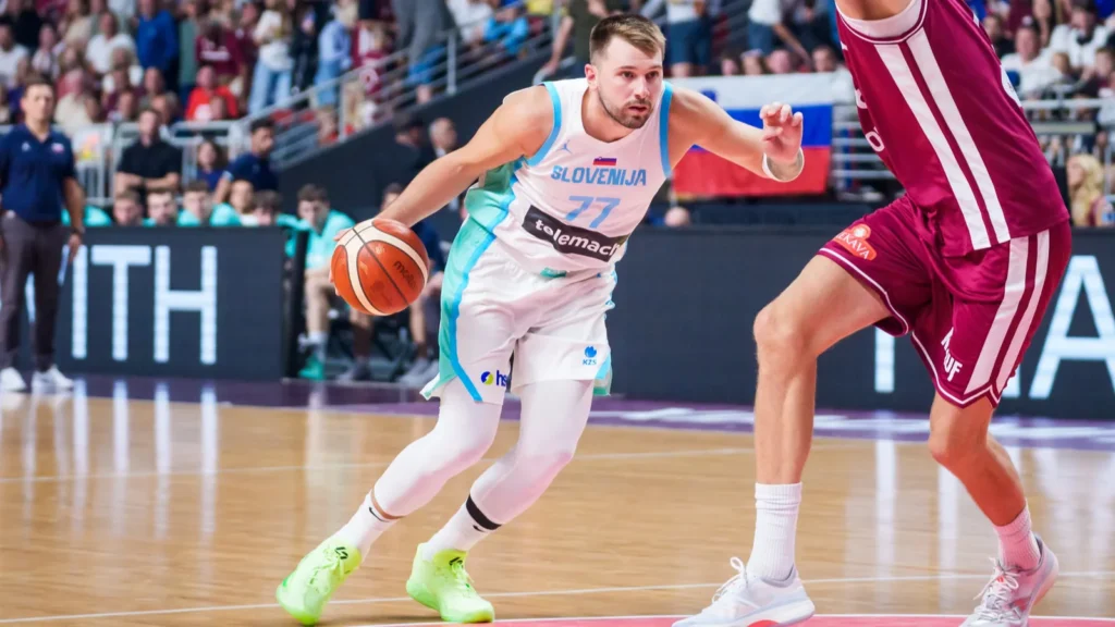 Luka Doncic in action during a basketball game.