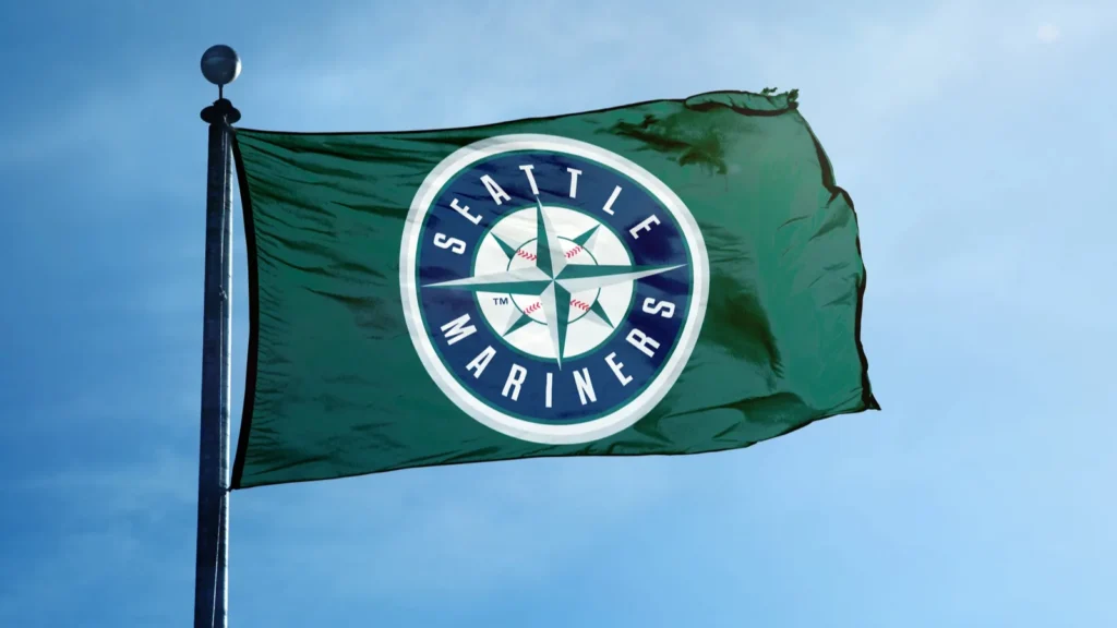 Seattle Mariners' logo on a waving flag