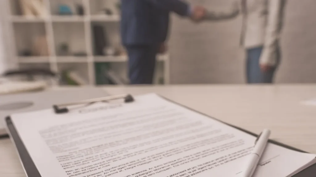 selective focus of clipboard with document on desk near agent