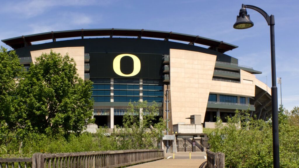 University of Oregon Autzen Stadium viewed from a walking path