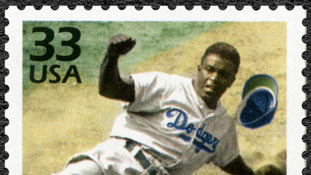 A stamp printed in USA shows Jackie Jack Roosevelt Robinson