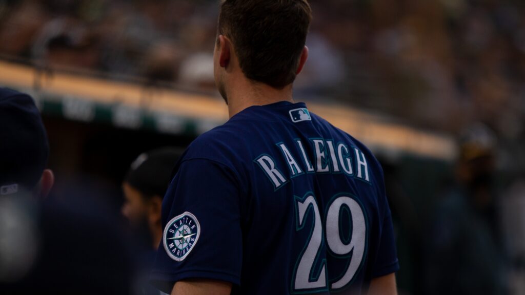 Cal Raleigh in the dugout during a game