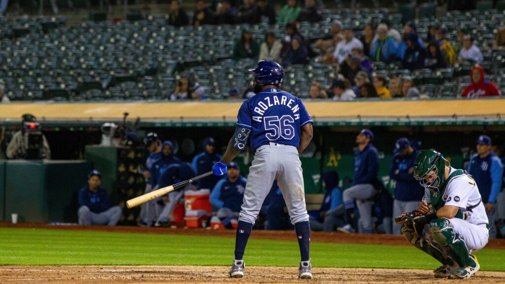 Outfielder Randy Arozarena bats against the Oakland Athletics