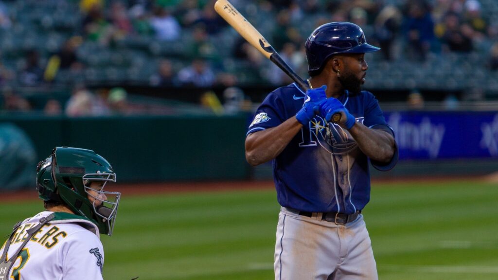 Tampa Bay Rays outfielder Randy Arozarena bats against the Oakland Athletics