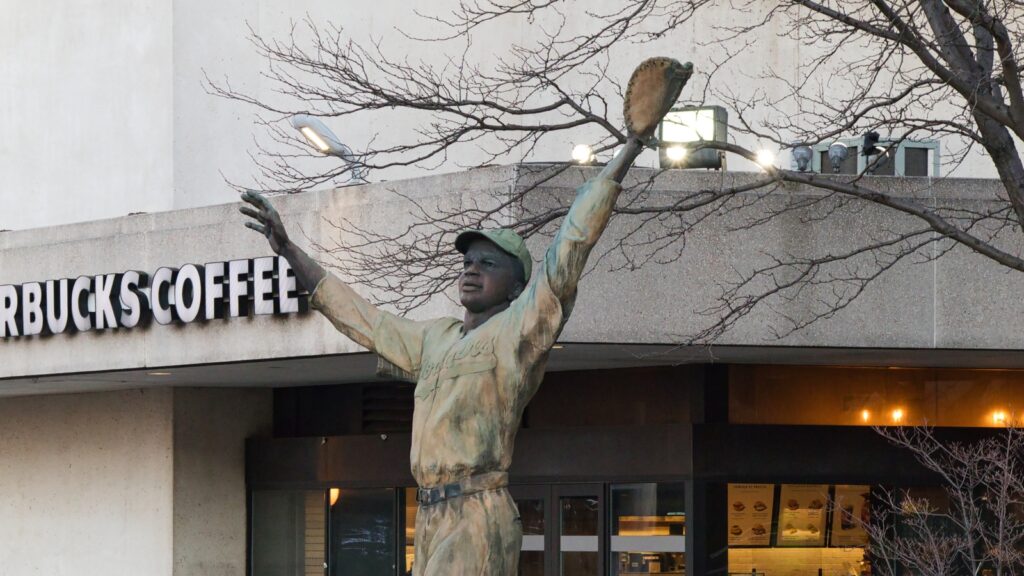 Jackie Robinson statue in Jersey City Journal Square Path Plaza
