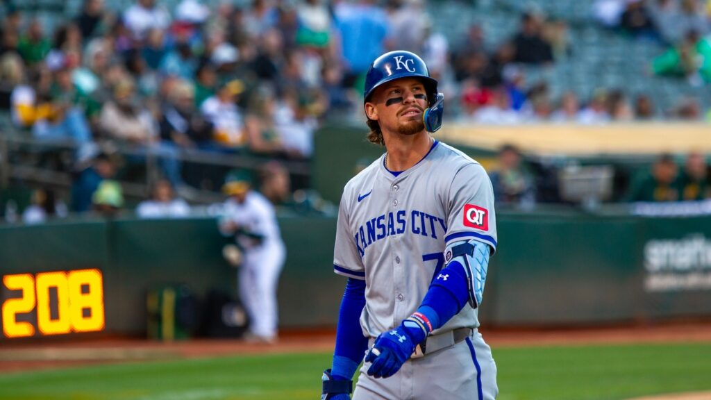 Bobby Witt Jr. looks up at the videoboard after striking out against the Oakland Athletics