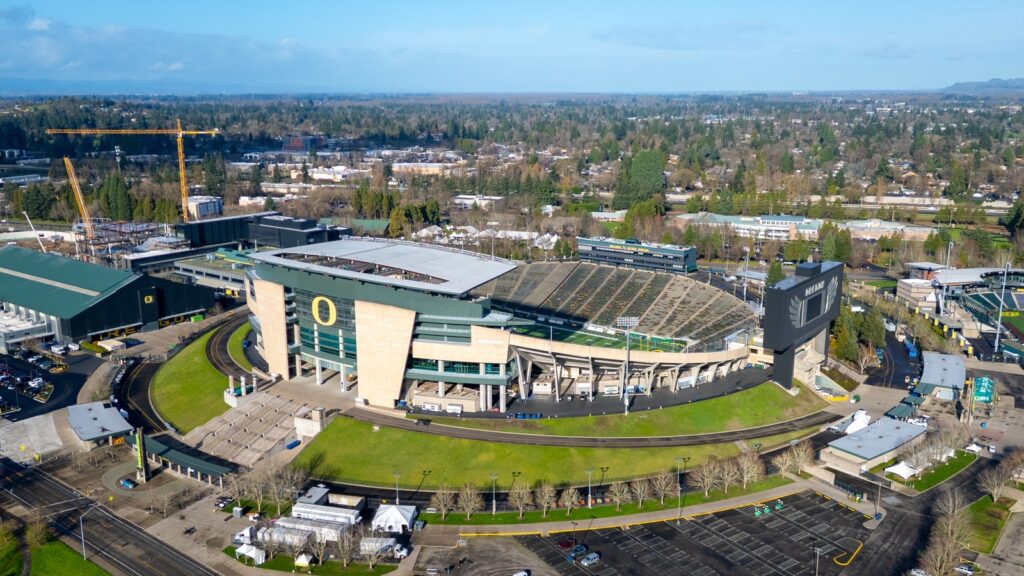 Aerial view of Autzen Stadium, home field of the Oregon Ducks
