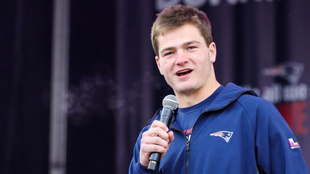 Drake Maye speaking at an event