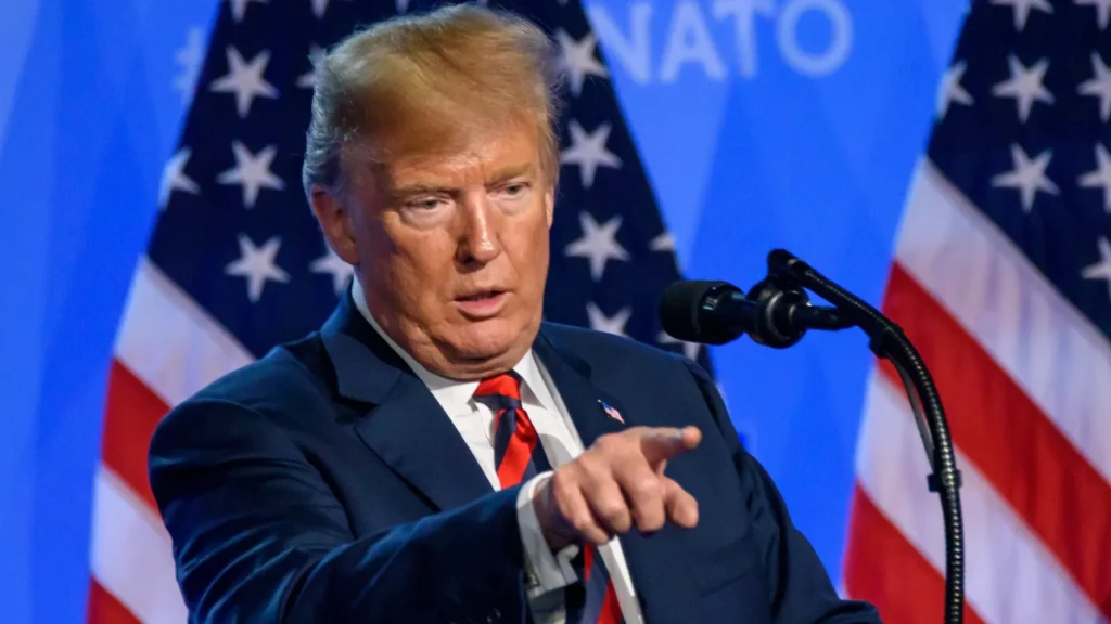 12072018 BRUSSELS BELGIUM Press conference of Donald Trump President of United States of America during NATO North Atlantic Treaty Organization SUMMIT 2018