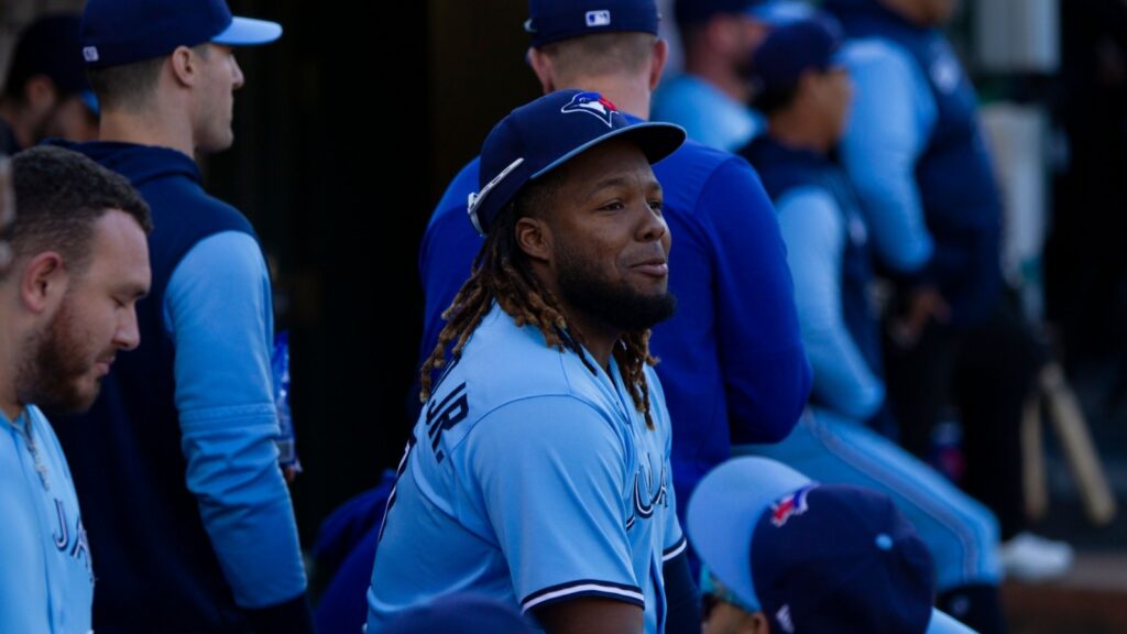 Toronto Blue Jays infielder Vladimir Guerrero Jr. in the dugout during a game against the Oakland Athletics at the Oakland Coliseum.