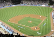 A view of Dodger Stadium during the Angels vs Dodgers match