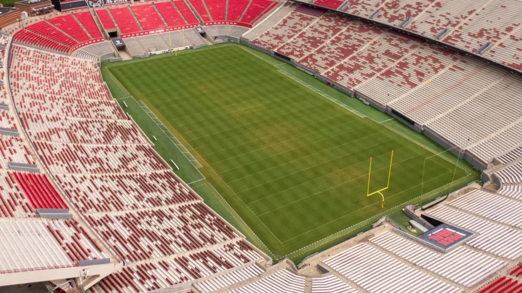 Aerial view looking into a football stadium