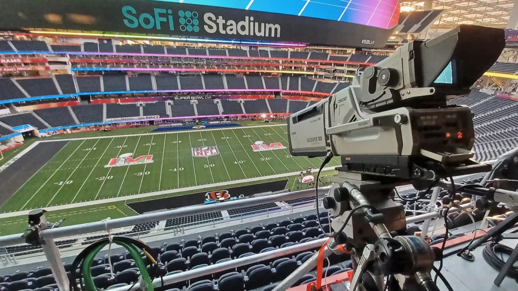 An NBC Sports camera looks over SoFi Stadiums field before Super Bowl 56.