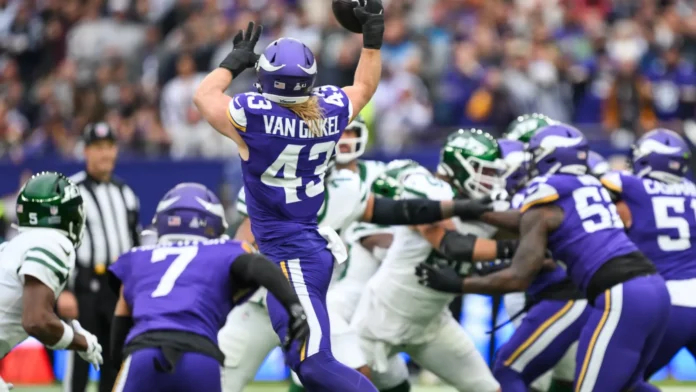 Andrew Van Ginkel of the Minnesota Vikings intercepts the ball during the Week 5 match New York Jets vs Minnesota Vikings at Tottenham Hotspur Stadium London United Kingdom 6th October 2024