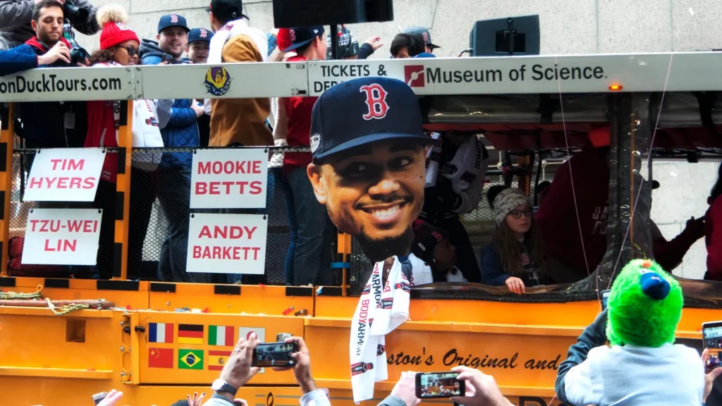 Boston Ma October 31 2018 Boston Red Sox Players and Mookie Betts on a bus on Tremont Street celebrating in the Red Sox Championship parade in Boston Massachusetts