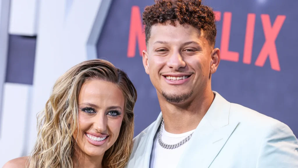 Brittany Mahomes and Patrick Mahomes arrive at the Los Angeles premiere Of Netflix's Quarterback Season 1, held at the Netflix Tudum Theater on July 11 2023 in Hollywood, Los Angeles, California.