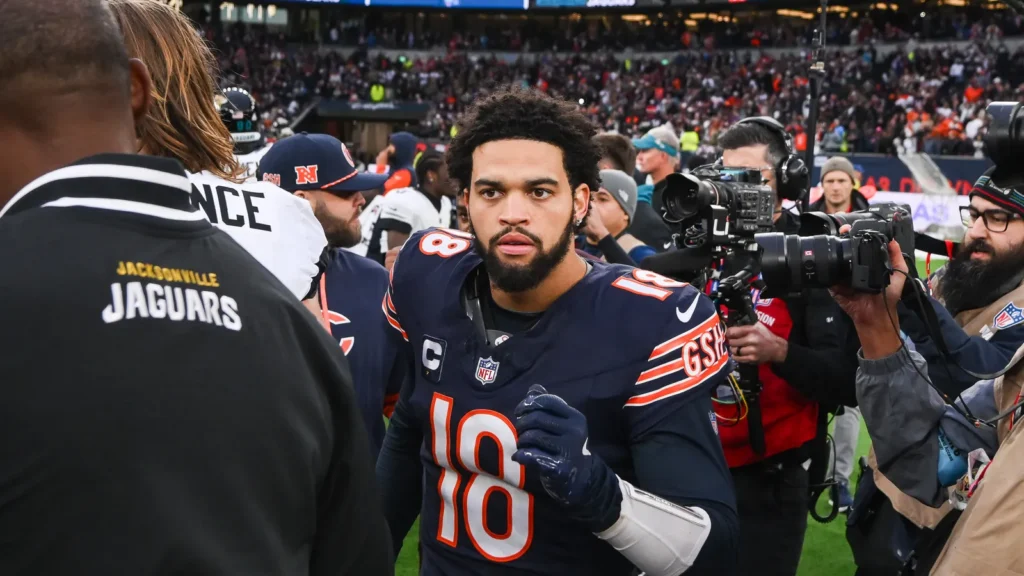 Caleb Williams of the Chicago Bears after the Week 6 match Chicago Bears vs Jacksonville Jaguars at Tottenham Hotspur Stadium London United Kingdom 13th October 2024