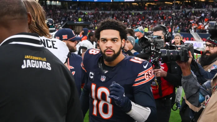 Caleb Williams of the Chicago Bears after the Week 6 match Chicago Bears vs Jacksonville Jaguars at Tottenham Hotspur Stadium London United Kingdom 13th October 2024