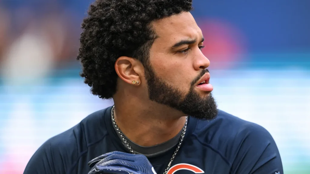 Caleb Williams of the Chicago Bears during pre game warm ups ahead of the Week 6 match