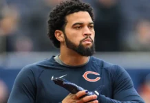 Caleb Williams reacts to Case Keenum’s game ball in a telling moment Caleb Williams of the Chicago Bears during pre game warm up