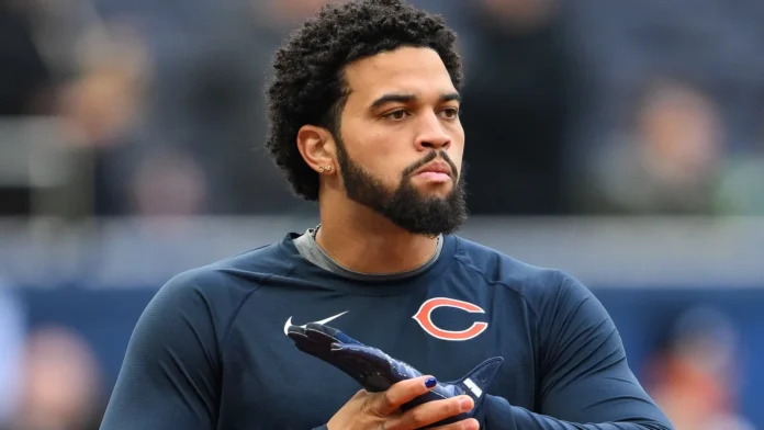 Caleb Williams of the Chicago Bears during pre game warm ups ahead of the Week 6 match Chicago Bears vs Jacksonville Jaguars at Tottenham Hotspur Stadium London United Kingdom 13th October 2024 Caleb Williams of the Chicago Bears during pre game warm up