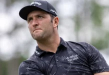 Jon Rahm hits a drive as he plays in the Wells Fargo Championship.