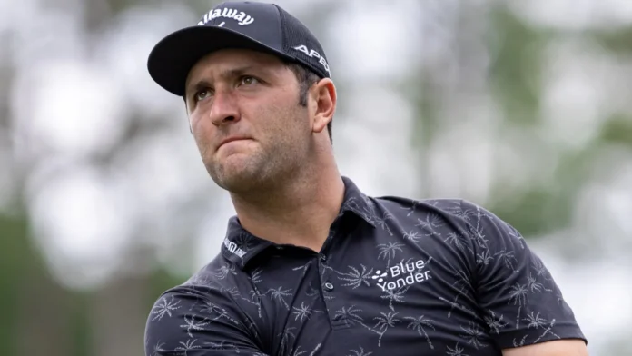 Jon Rahm hits a drive as he plays in the Wells Fargo Championship.
