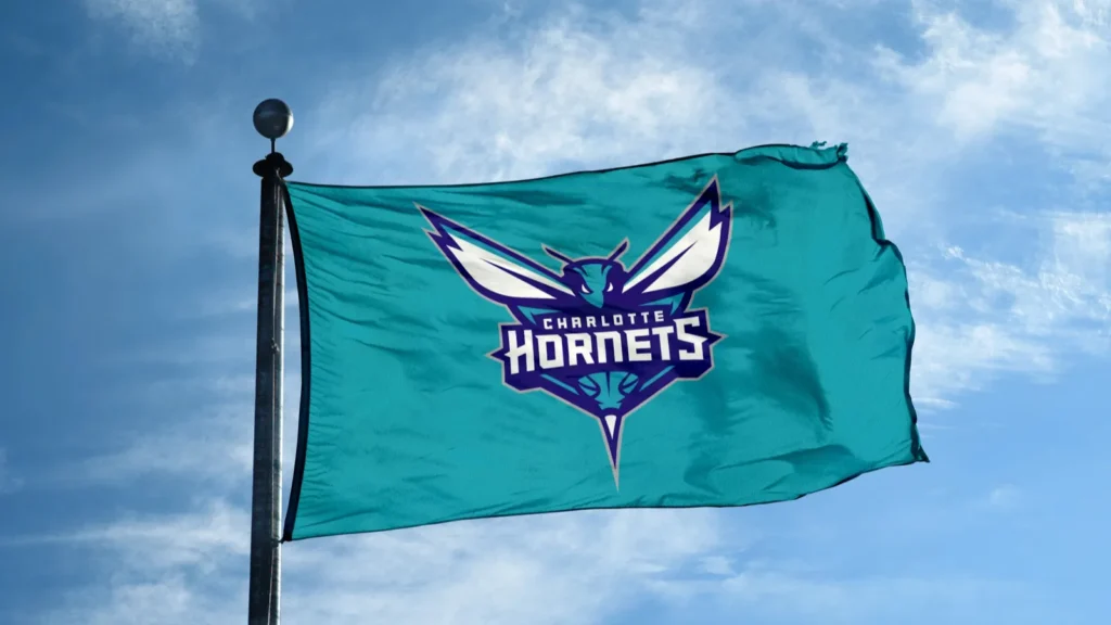 Waving flag on the mast with Charlotte Hornets logo on it.