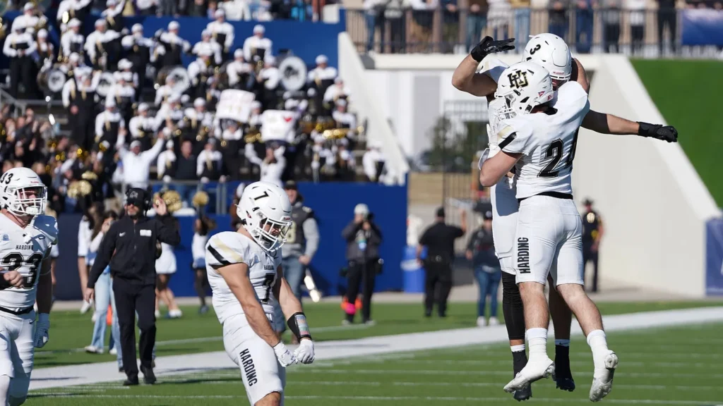 Harding players celebrate a touchdown during the NCAA Division II Football Championship