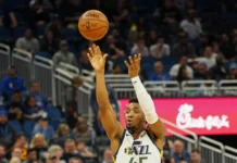 Donovan Mitchell 45 shoots a three point Amway Center in Orlando on Friday January 4 2020 Photo Credit Marty JeanLouis