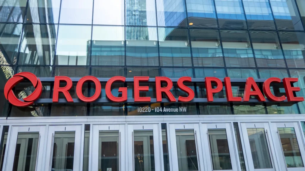 Edmonton Alberta Canada Apr 3 2023 Close up front view to the main Entrance sign at the Rogers Place