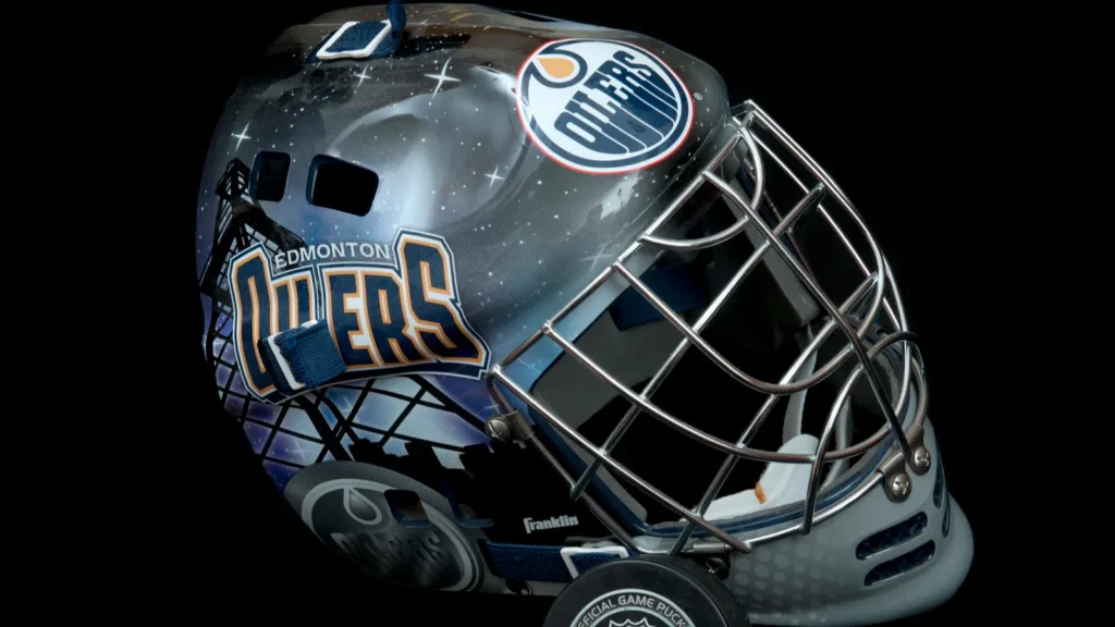 Franklin GFM 1500 full-size replica goalie mask featuring custom Edmonton Oilers
