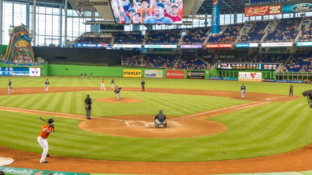 Fans watching a baseball game at the Miami Marlins Stadium