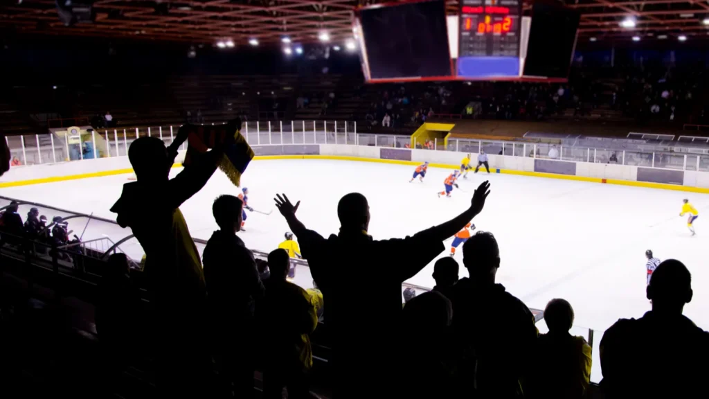 Hockey fan standing and applauding in the stadium in after goal.
