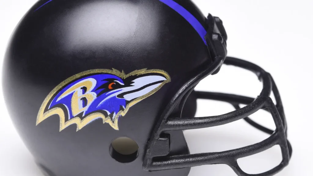 IRVINE CALIFORNIA  AUGUST 30 2018 Mini Collectable Football Helmet for the Baltimore Ravens of the American Football Conference North