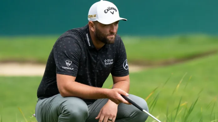Jon Rahm ESP lines up a putt on the 18th green during the BMW PGA Championship 2022 at Wentworth Club Virginia Water United Kingdom 10th September 202 Jon Rahm assessing the golf course